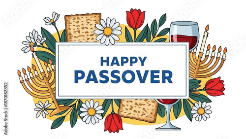 Happy Passover Celebration with Matzah, Wine, Menorah, and Flowers