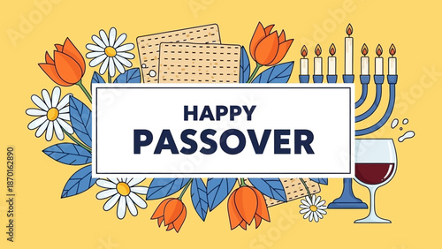 Happy Passover Greeting with Matzah, Flowers, Tulips, and Menorah Illustration