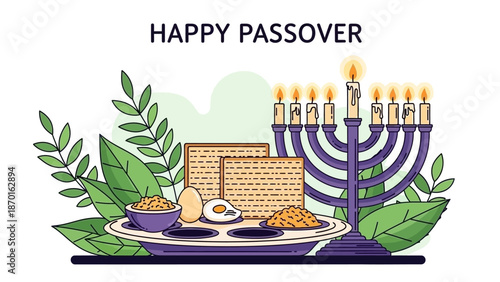 Happy Passover - Traditional Seder Plate, Matzah, and Menorah with Candles