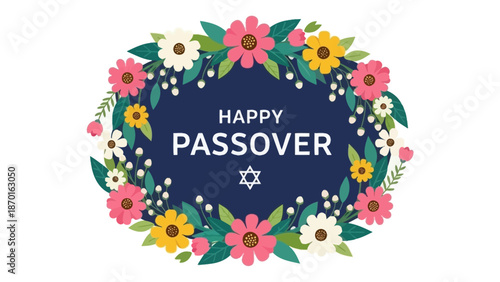 Happy Passover Greeting with Festive Floral Wreath and Star of David Illustration