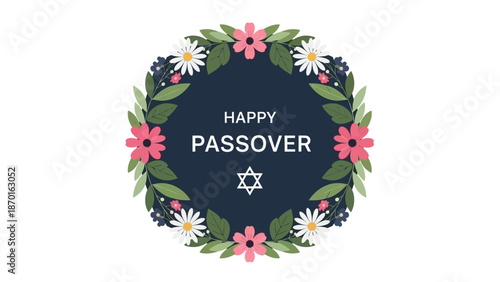 Happy Passover Greeting with Flowers and Star of David Emblem on Dark Blue