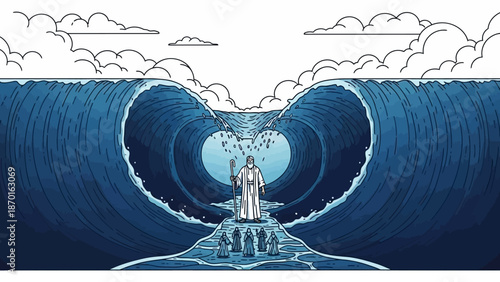 Moses Parts the Red Sea with Staff, Leading People Through a Dry Path