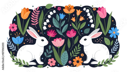 Cute White Rabbits Surrounded by Vibrant Spring Flowers and Greenery on Dark Background