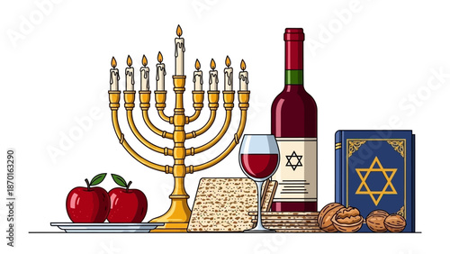 Jewish Holiday Table Setting with Menorah, Matzah, Wine, Apples, Nuts, and Book