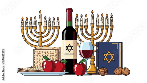 Jewish Holiday Symbols: Menorahs, Wine, Matzah, Apples, and Book