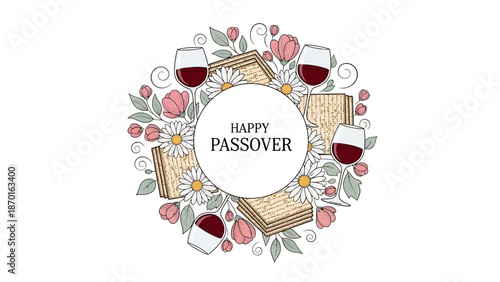Happy Passover Greeting with Matzah, Wine Glasses and Floral Wreath Decoration