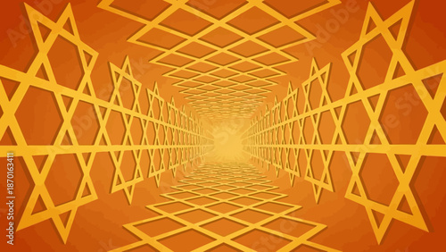 Abstract Orange Tunnel with Golden Star of David Patterns and Geometric Grid Perspective