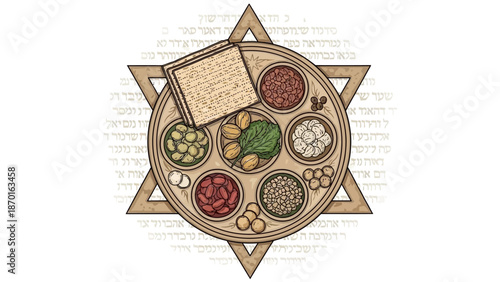 Seder Plate with Matzah and Symbols of Passover Celebration on Star of David
