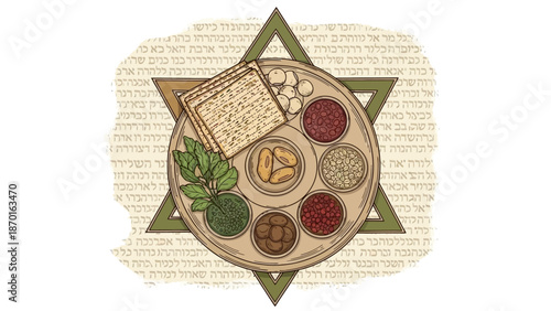 Seder Plate with Matzah and Maror on a Star of David Background, Jewish Tradition