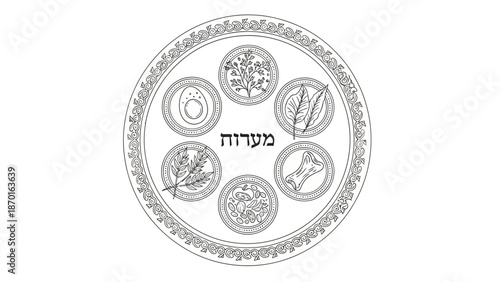 Traditional Seder Plate with Symbolic Foods and Hebrew Text for Passover Celebration