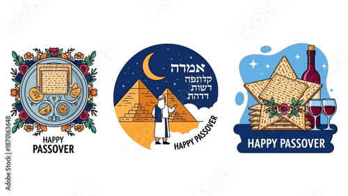 Happy Passover celebration illustrations with matzah, pyramids, wine, and religious symbols