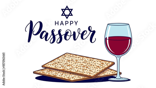 Happy Passover Celebration with Matzah and Wine, Star of David Illustration