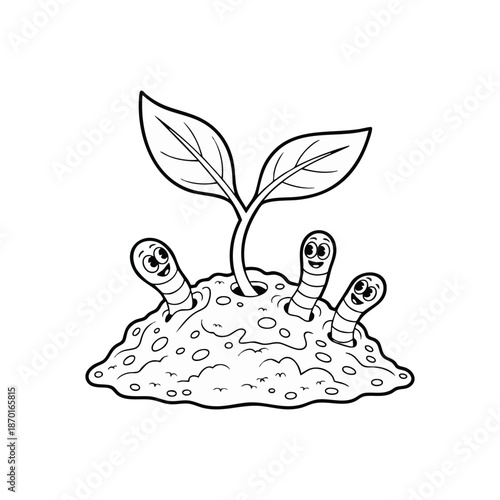 A simple drawing of worms emerging from soil near a sprouting plant