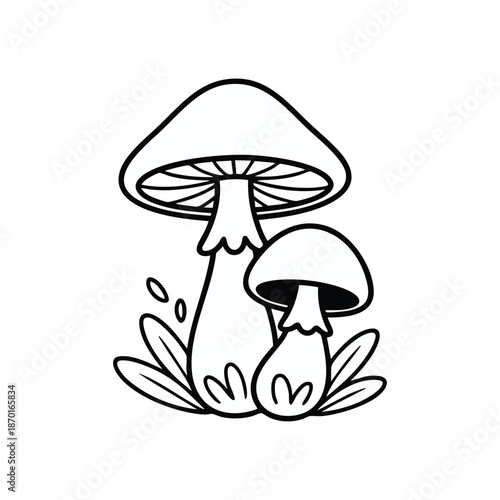 Simple black and white illustration of two mushrooms with foliage