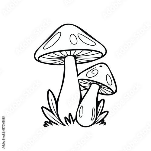 Simple black and white drawing of two mushrooms with leafy grass below