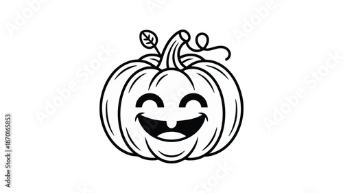 A cheerful hand drawn pumpkin with a smiling face and curly stem