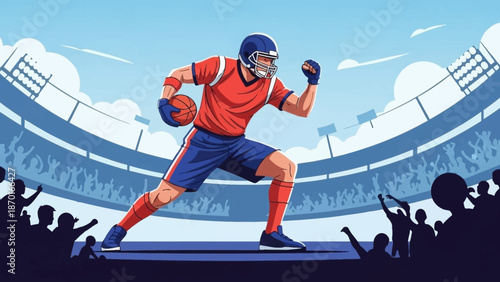 American Football Player Running with Ball in Stadium.