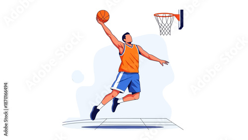 Basketball player jumping to dunk the ball into the hoop.