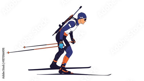 Biathlete skiing with rifle on back.