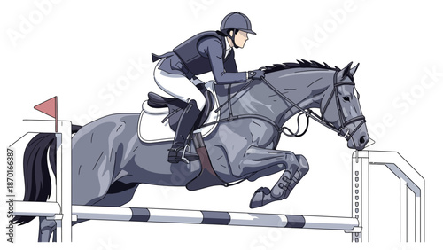 Equestrian jumping competition with horse and rider clearing an obstacle.