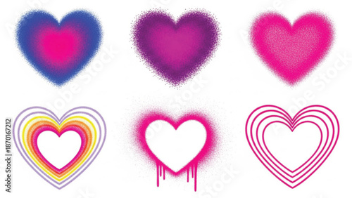 Six different styles of fluffy and outline hearts in various shades of pink, magenta, blue and yellow on white background.
