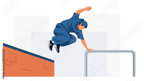 Man performing parkour jump over obstacle.