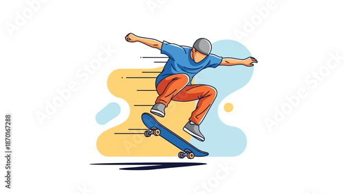 Skateboarder performing a trick in mid-air with a dynamic background.
