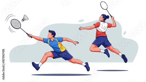 Two athletes playing badminton in a dynamic pose.
