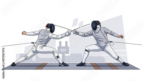 Two fencers engaged in a competitive duel.