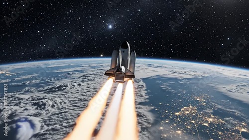 Space Shuttle Launches Into Earth's Atmosphere from Space, Bright Fire Trail in View