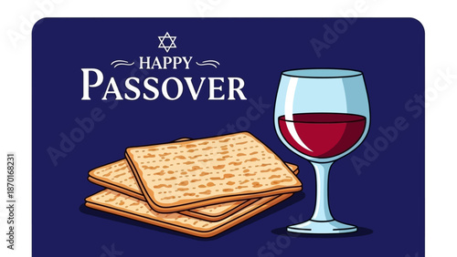 Happy Passover Greeting with Matzah and Red Wine, Religious Holiday Celebration