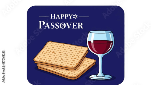 Happy Passover Greeting with Matzah and Wine Glass on Dark Blue Background