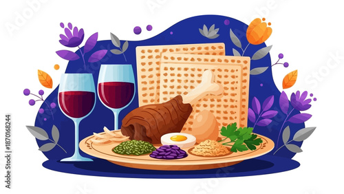 Passover Seder Plate with Matzah, Wine, and Traditional Foods, Festive Illustration