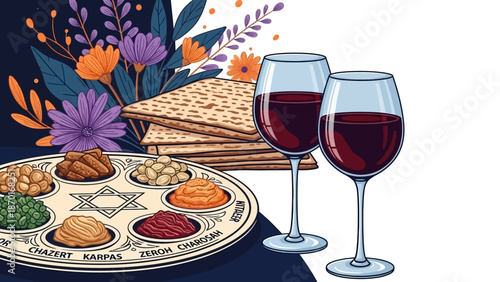 Passover Seder Plate with Matzah and Wine Glasses, Traditional Jewish Holiday Symbols