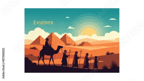 Ancient Egyptian Pyramids and Desert Caravan Journey at Sunset