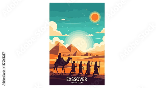 Ancient Egyptian Caravan Traveling Through Desert Towards Pyramids at Sunset