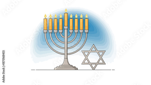 Chanukah Menorah with Candles and Star of David, Hanukkah Celebration Symbols