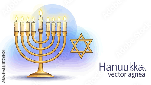 Golden Menorah with Star of David and Hanukkah text