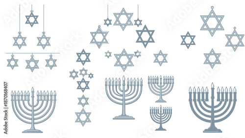 Collection of Hanukkah Symbols: Menorahs and Star of David Illustrations