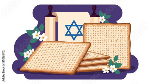 Passover Matzah and Torah Scroll with Star of David and Flowers - Jewish Holiday Celebration