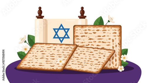 Jewish Passover Matzah and Torah Scroll with Star of David and Flowers