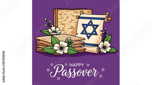 Happy Passover Greeting with Matzah, Scroll, and Star of David on Purple