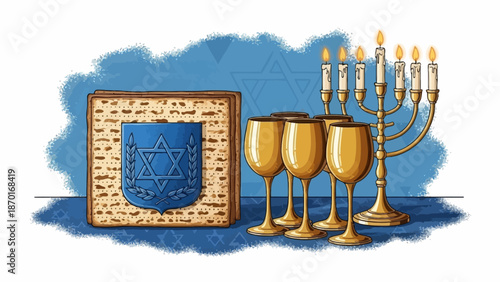 Traditional Jewish Symbols: Matzah, Wine Goblets, and Menorah for Religious Celebration