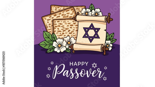 Happy Passover Greeting with Matzah, Scroll, and Flowers on Purple Background