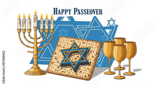Happy Passover Greeting with Matzah, Menorah, and Wine Glasses