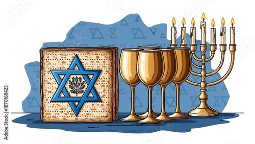 Jewish Symbols for Passover: Matzah, Wine Glasses, and Menorah with Candles