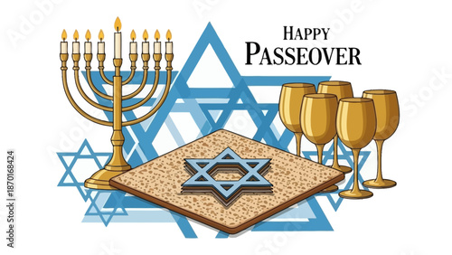 Happy Passover Celebration Symbols - Menorah, Matzah, Wine Glasses, Star of David