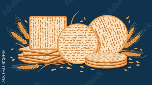 Traditional Matzah Bread and Wheat Stalks on a Dark Blue Background