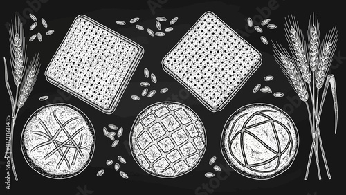 Assortment of Baked Goods: Bread, Crackers, and Wheat Ears on Black Background