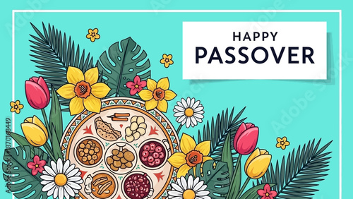 Happy Passover Greeting Card with Seder Plate and Spring Flowers